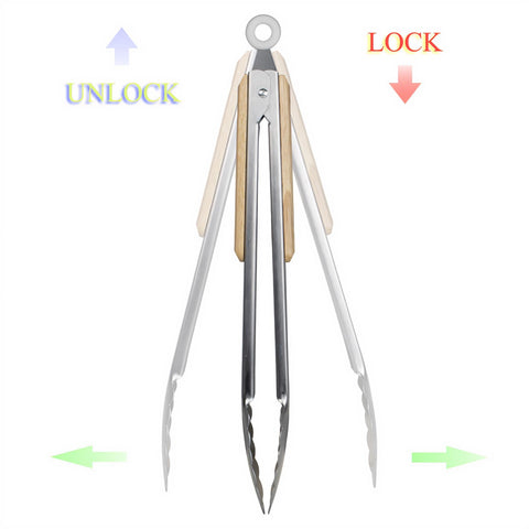 Stainless steel kitchen tongs with oak handle ergonomic grip for comfortable use.