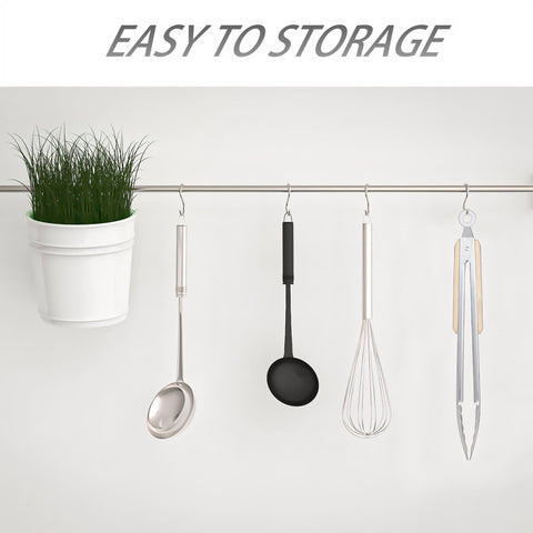 Stainless steel kitchen tongs with oak handle locking mechanism for compact storage.