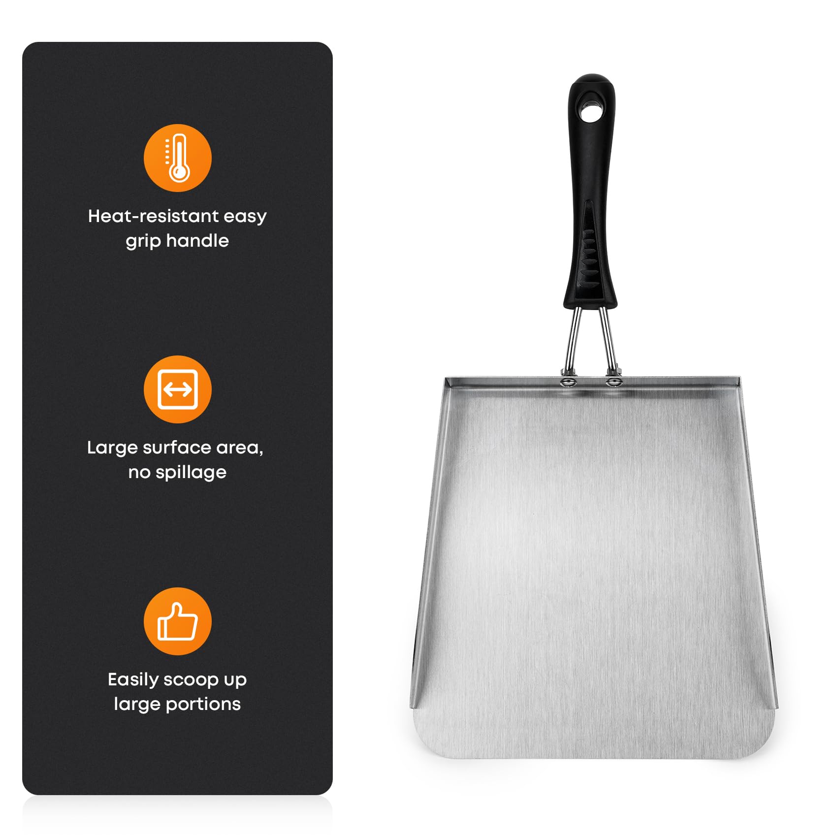 Heavy-duty griddle tool with a heat-resistant handle for safe use.