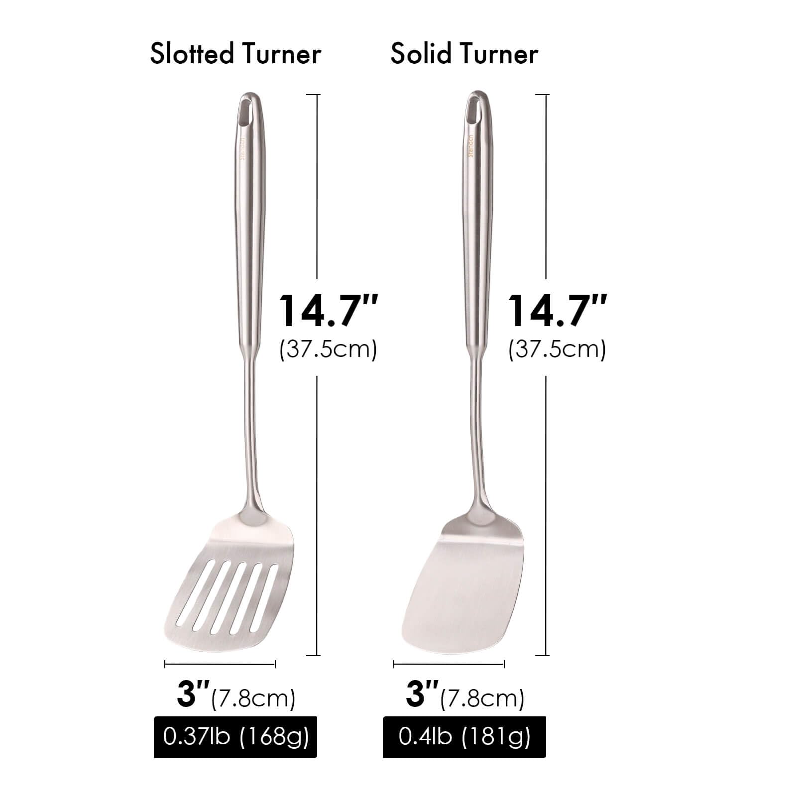 Standcn 18-10 stainless solid-turner, 14.7 inch, ideal for flipping meats and veggies.
