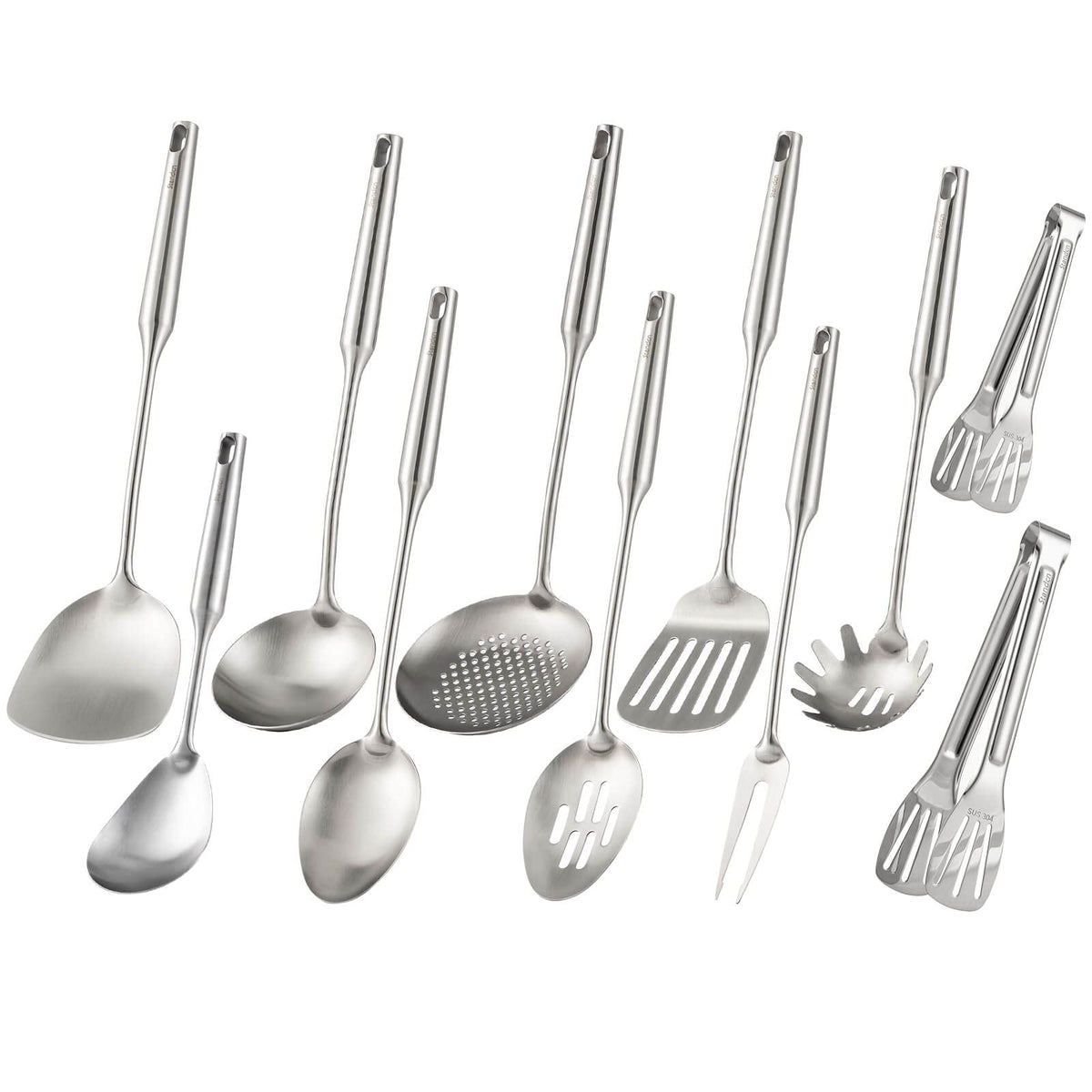 Standcn 18/10 stainless steel utensils set, 15-inch long for comfortable grip and heat resistance.