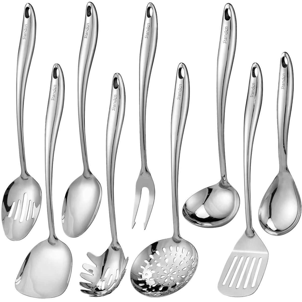 Standcn 9-piece stainless steel utensil set for durable serving and cooking.