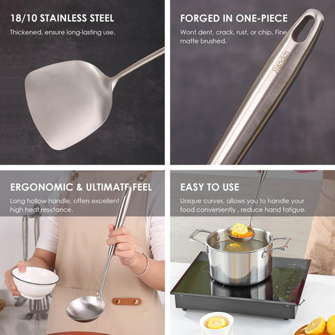 Standcn dishwasher-safe utensils with hanging hole for space-saving storage.