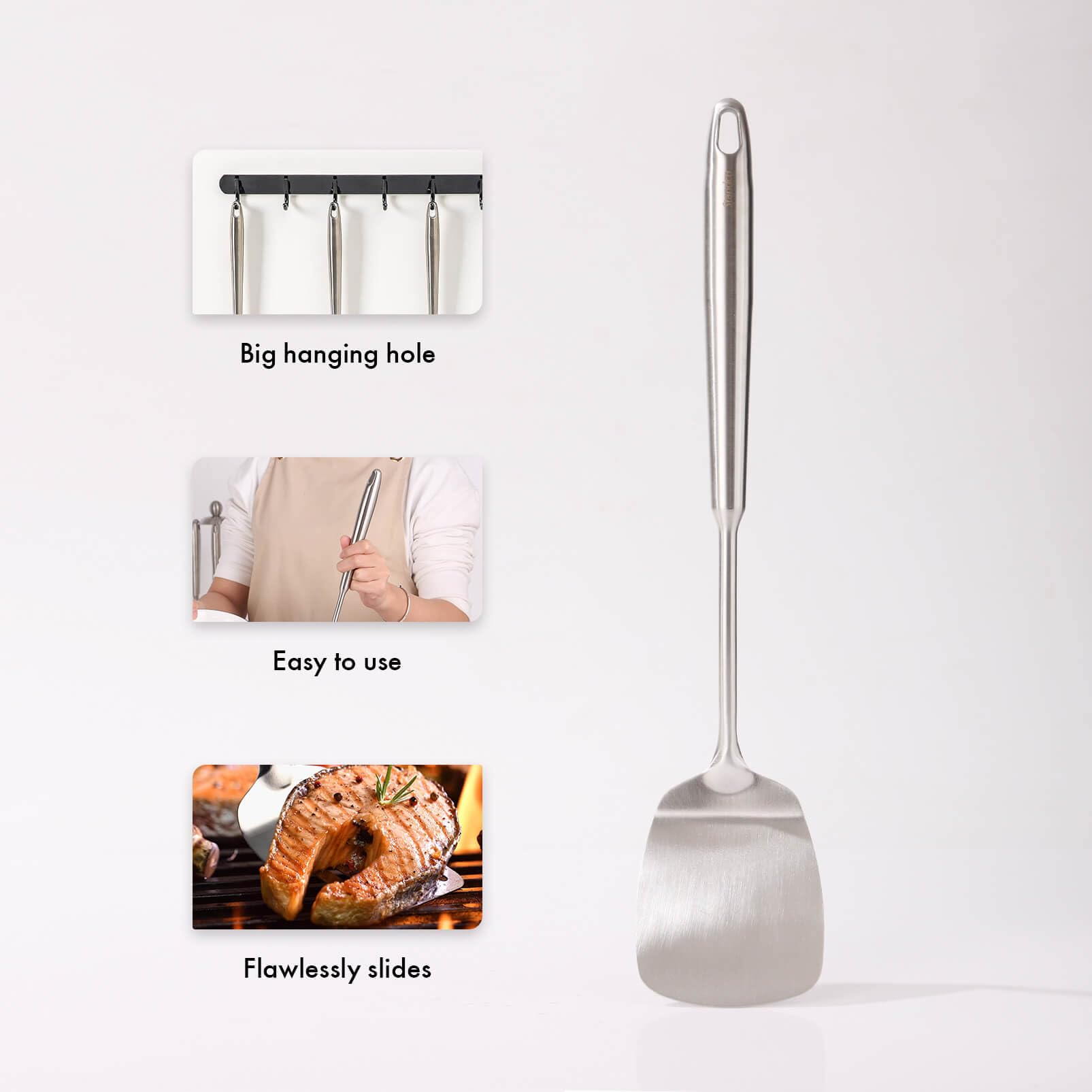 Standcn ergonomic round hollow-handle spatula provides cool grip during long cooks.