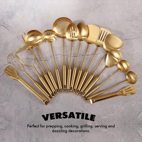 Standcn gold slotted spatula for draining and flipping foods.