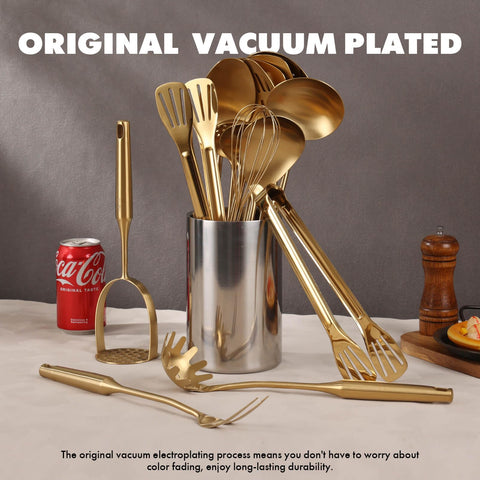 Standcn gold tongs for safe turning and serving hot dishes.