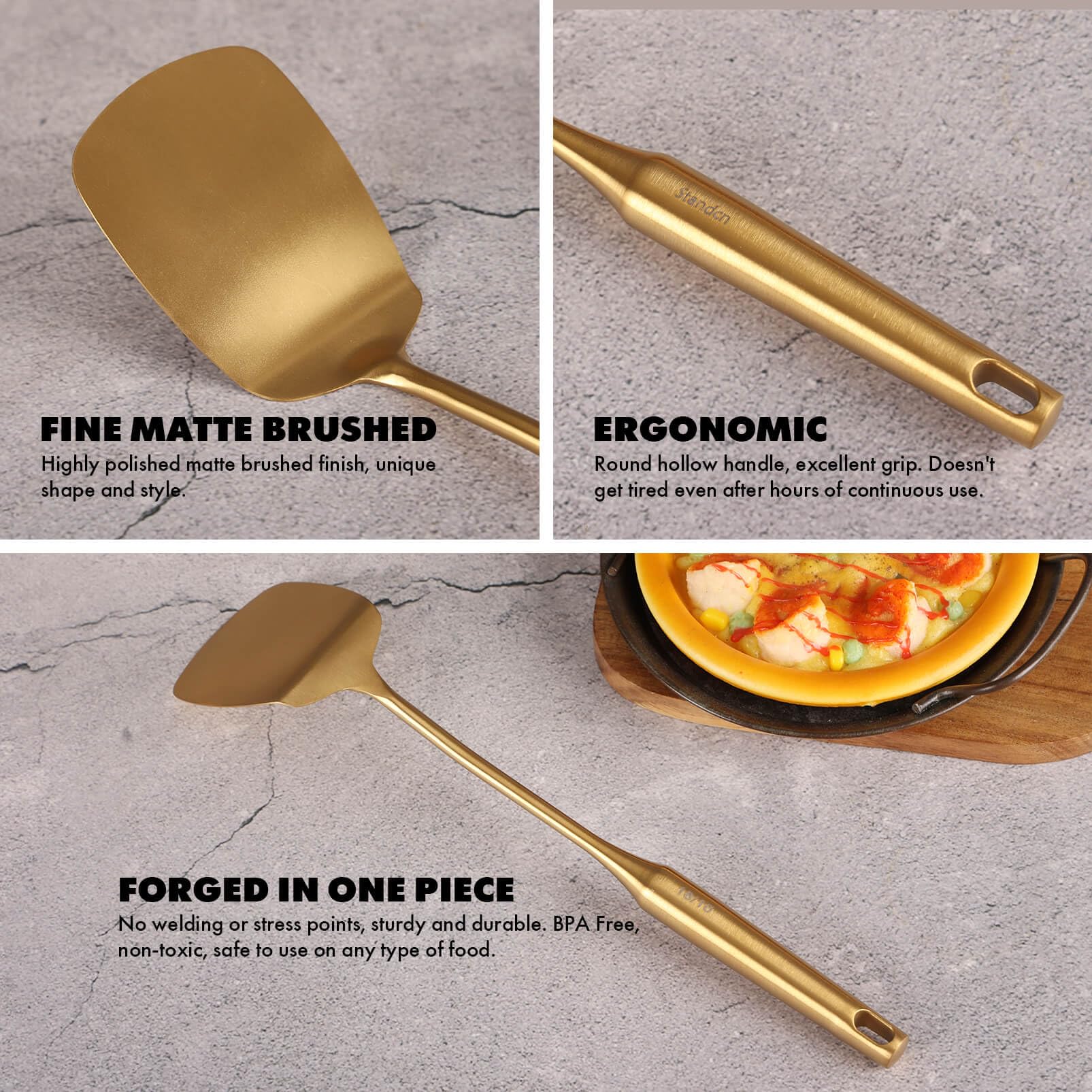 Standcn gold cooking whisk ideal for emulsions and smooth sauces.
