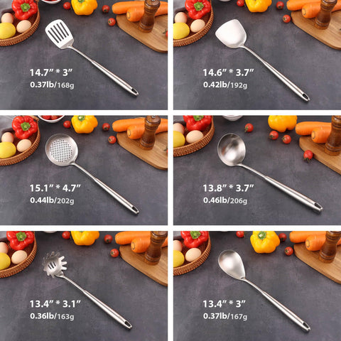 Standcn long-handle kitchen utensils provide a secure grip and heat resistance.