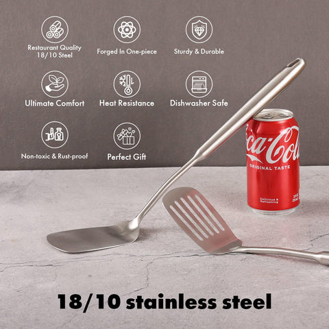 Standcn one-piece forged spatula with slotted design for durability.