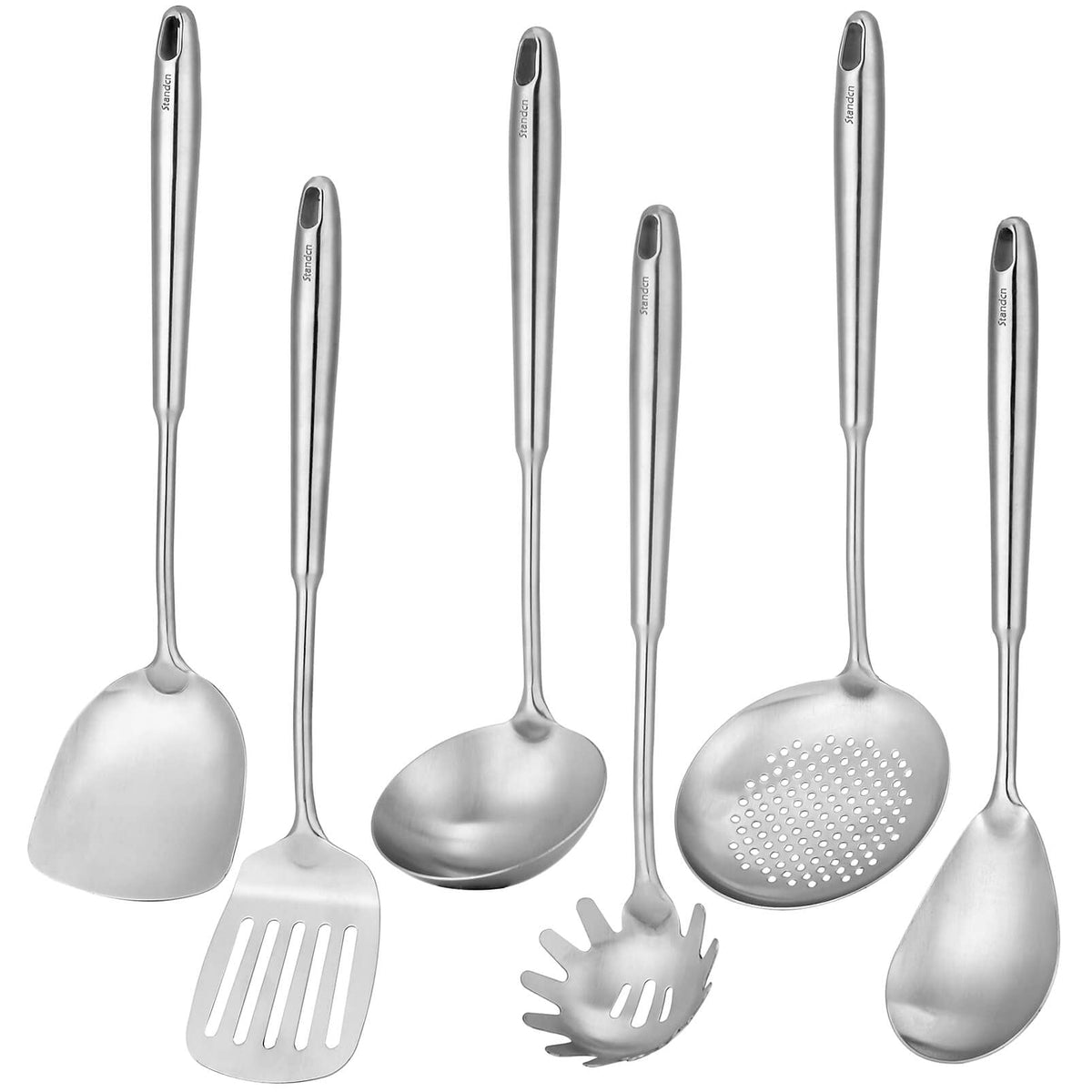 Standcn six-piece stainless steel utensils set with spatula and ladle for versatile cooking.