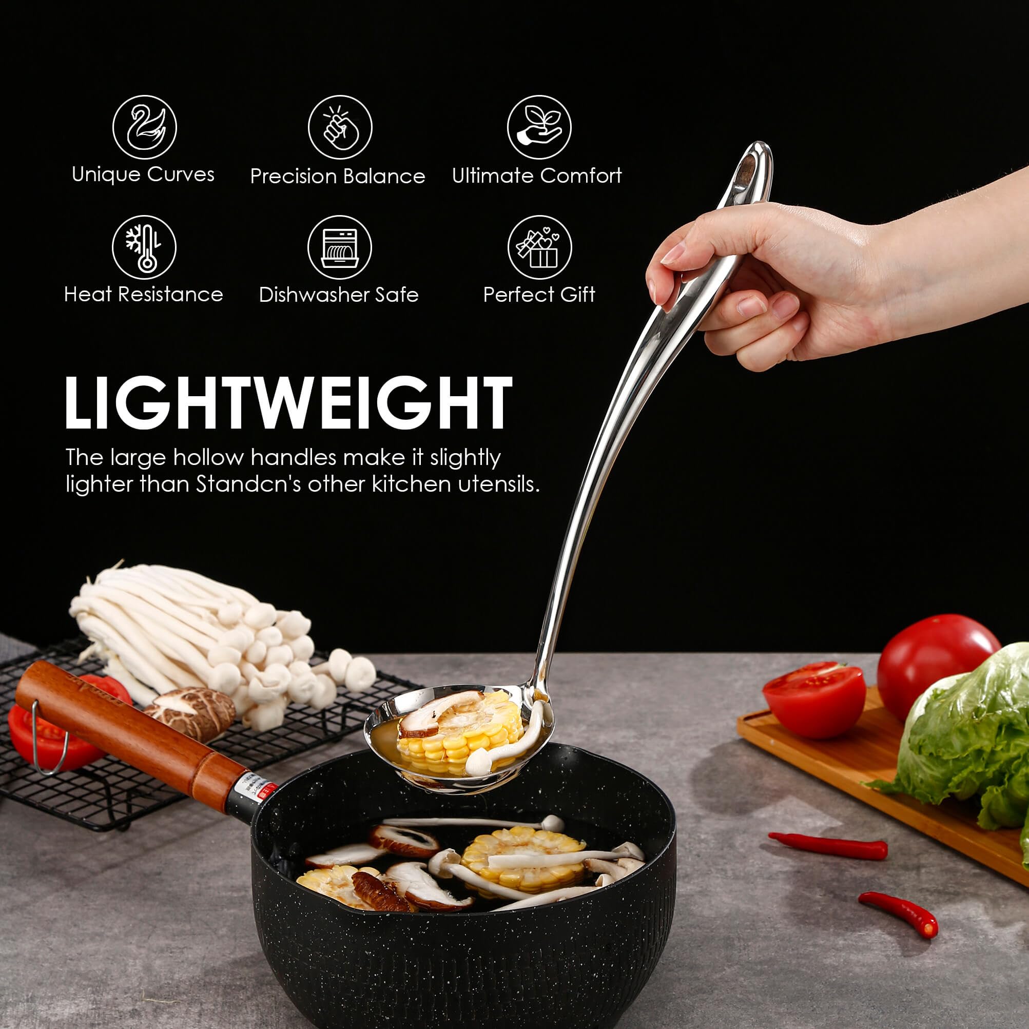 Standcn skimmer spoon with heat-resistant handle for quick skimming.