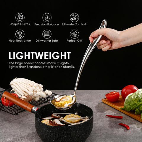 Standcn skimmer spoon with heat-resistant handle for quick skimming.
