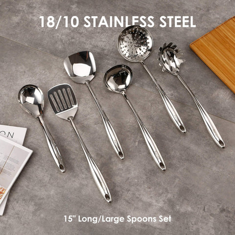 Standcn slotted spoon designed for draining sauces and soups.