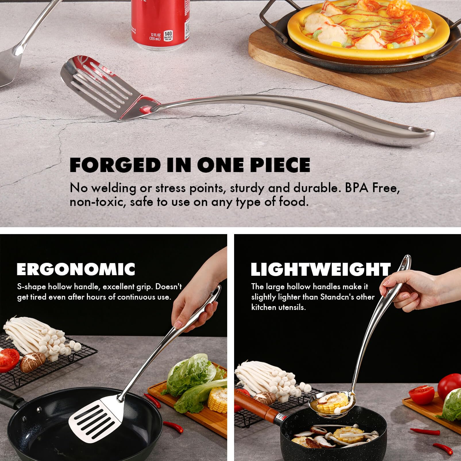 Standcn solid serving spoon ready for scooping and presenting dishes.