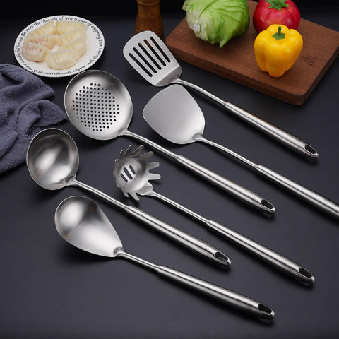 Standcn versatile six-piece set includes spatula, ladle, skimmer, and more.
