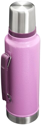 Rugged rust-proof 18/8 stainless steel construction of the Stanley bottle for real-life use.