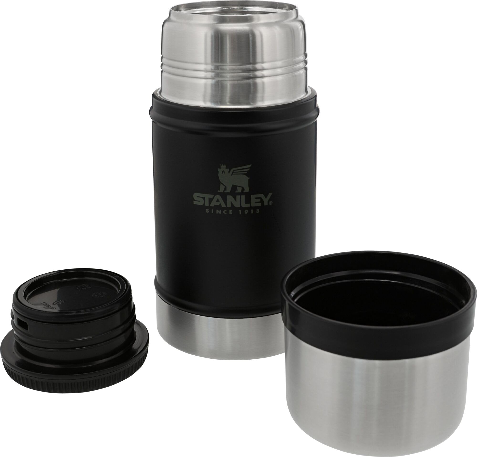 Durable stainless steel Stanley jar for rugged outdoor use.