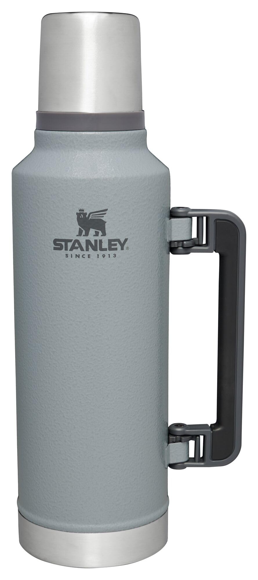 The Stanley Classic 2qt vacuum bottle in hammertone silver keeps drinks hot or cold.