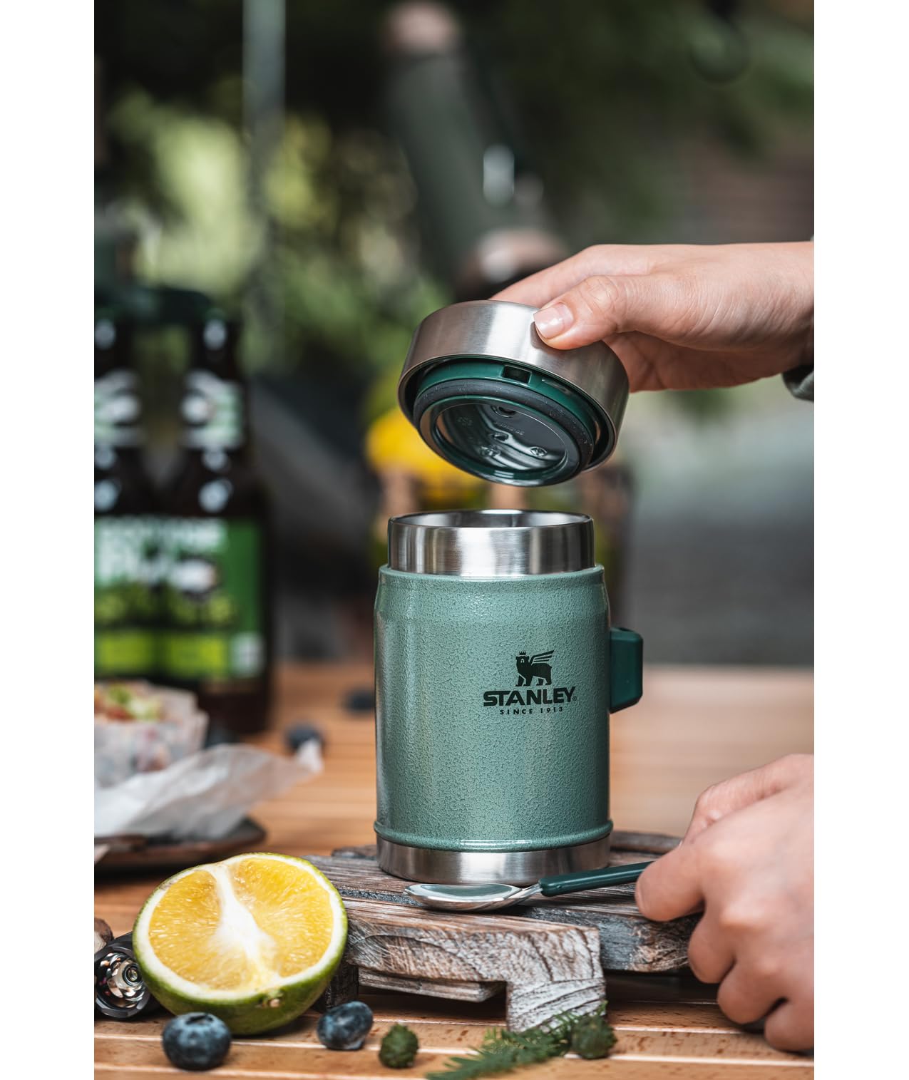 Stanley Hammertone green food jar packs compactly for travel.