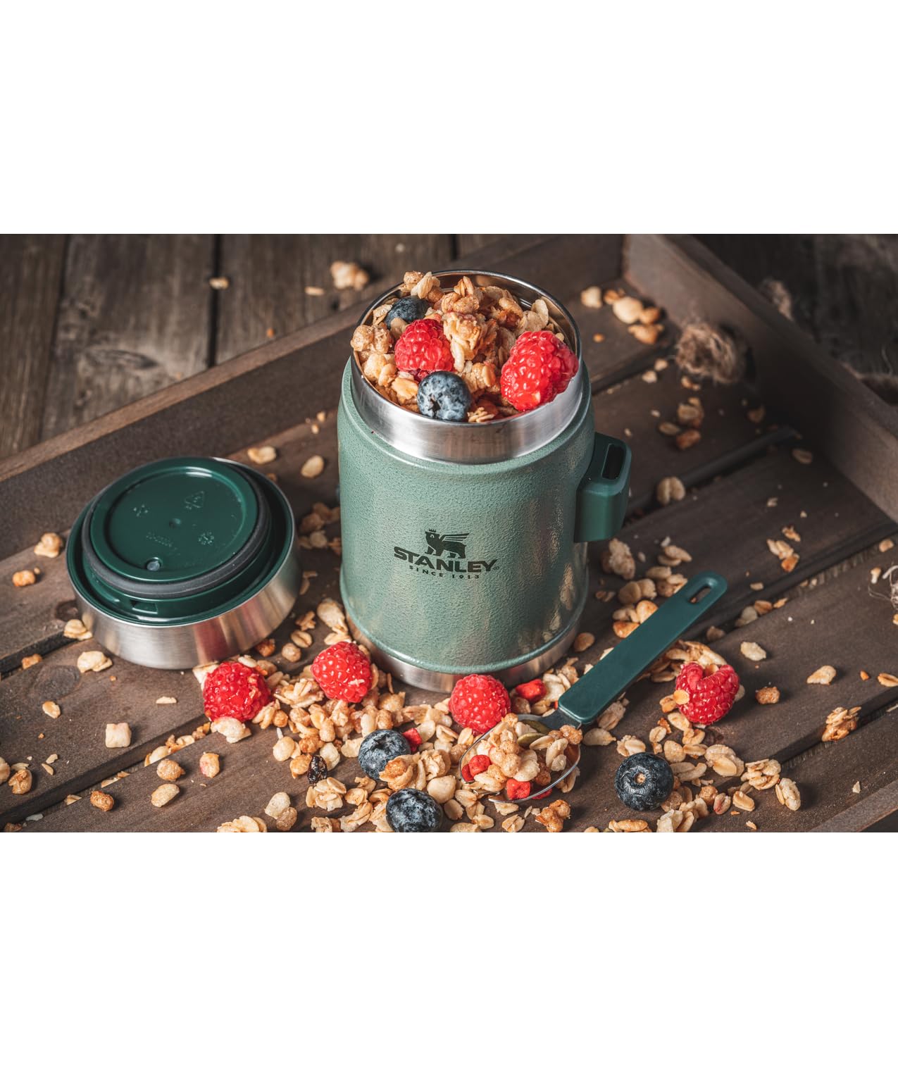 Stanley insulated lid with pressure-release valve for easy opening.