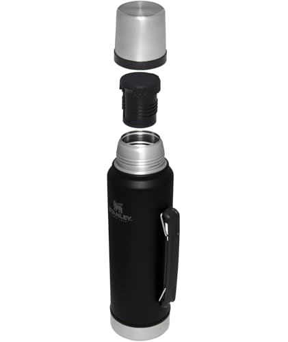 Stanley Classic vacuum bottle leak-proof cup lid prevents spills in a backpack.