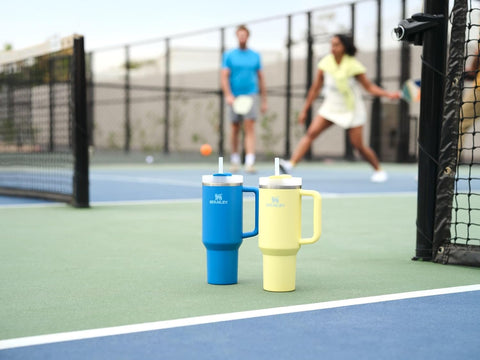 Stanley dishwasher-safe tumbler and lid for quick cleanup after workouts.
