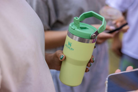 Stanley flip straw lid snapped shut to prevent leaks.
