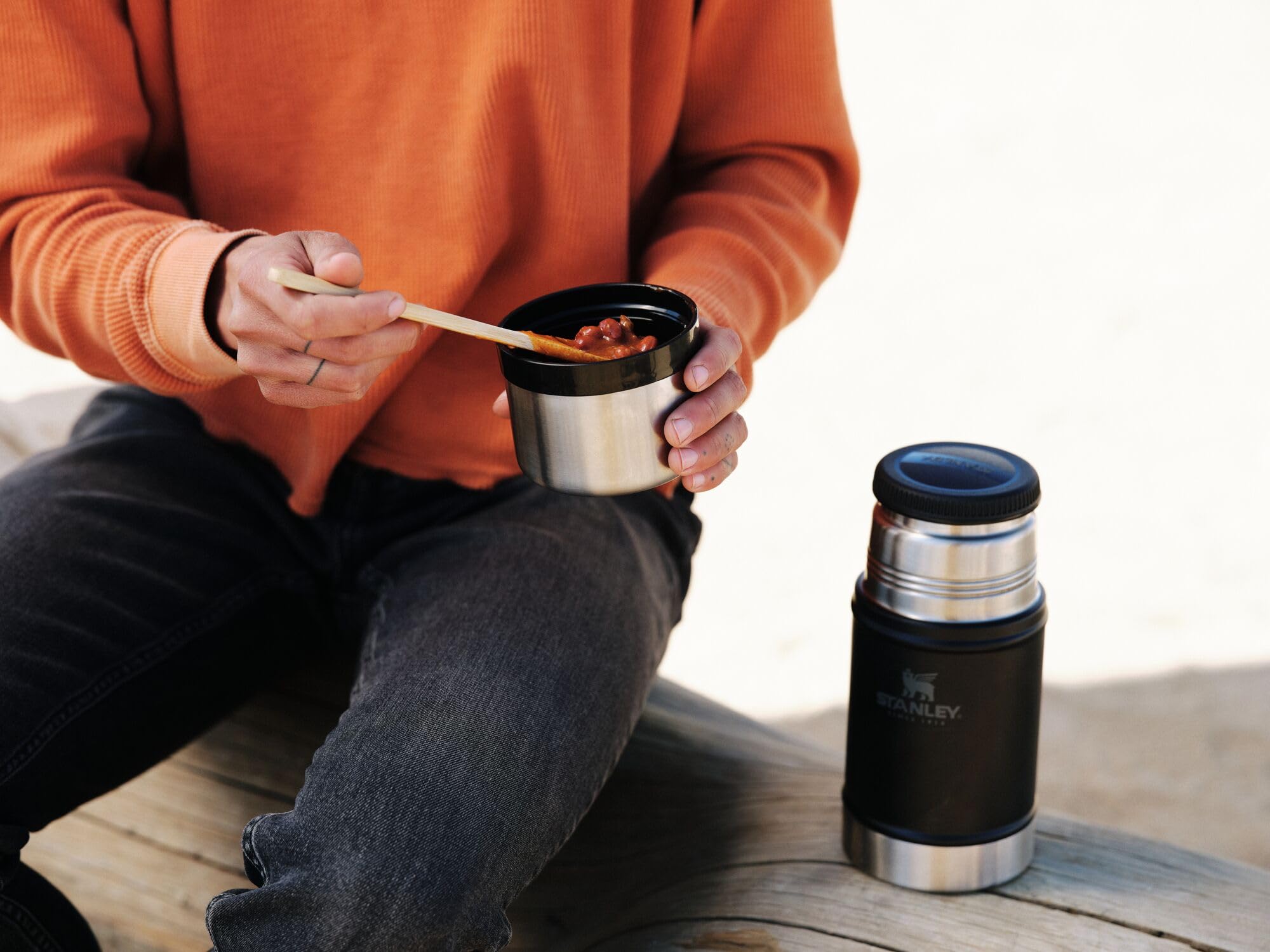 Matte black Stanley food jar suitable for camping and daily use.