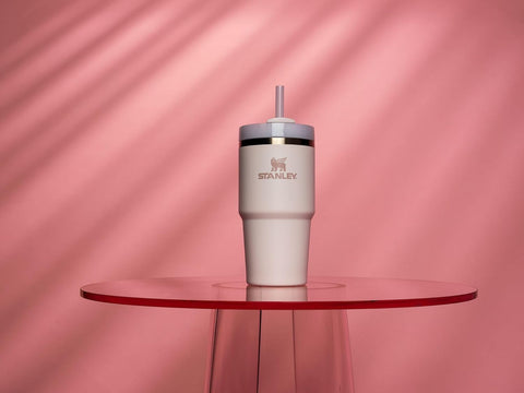 Stanley Quencher H2.0 20 oz rose quartz handle detail emphasizes comfortable transport