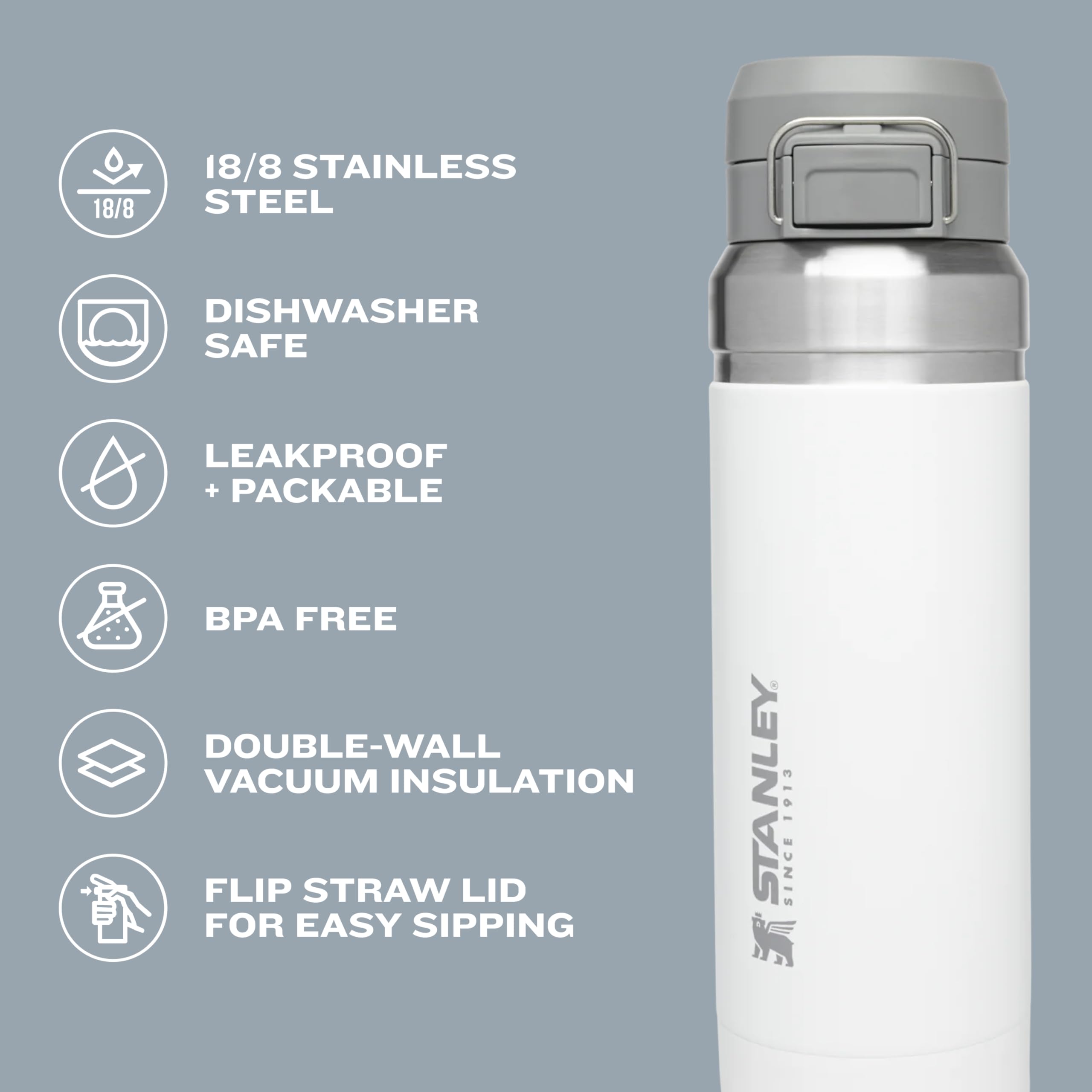 Stanley Quick Flip GO bottle wide mouth for easy filling and cleaning.