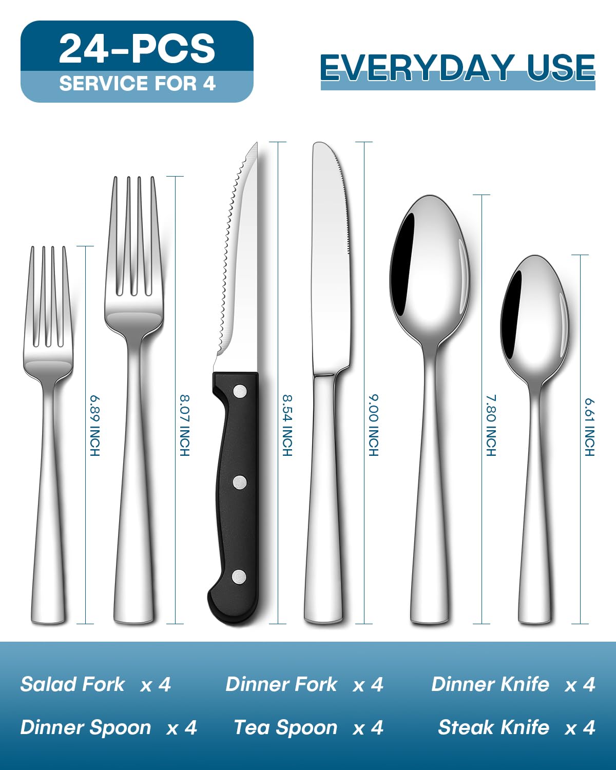Stapava steak knives included for precise slicing at family meals.