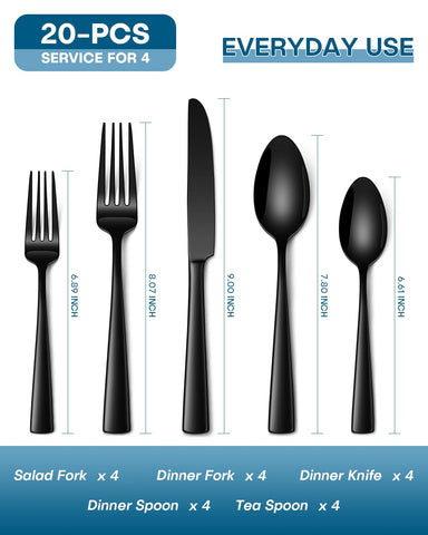 Stapava 20pc black silverware set, dinner forks with balanced grip for comfort.