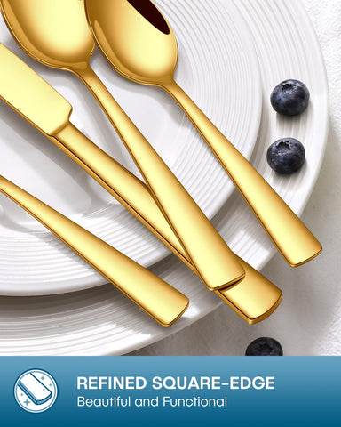 Stapava gold silverware set 20-piece components shown with dishwasher-safe design