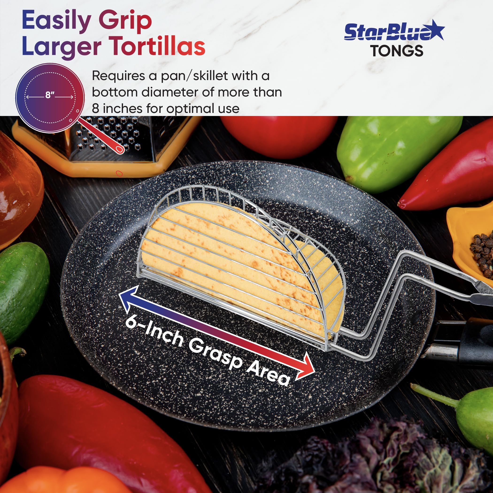StarBlue stainless steel taco tongs emphasize durable, rust-resistant construction.