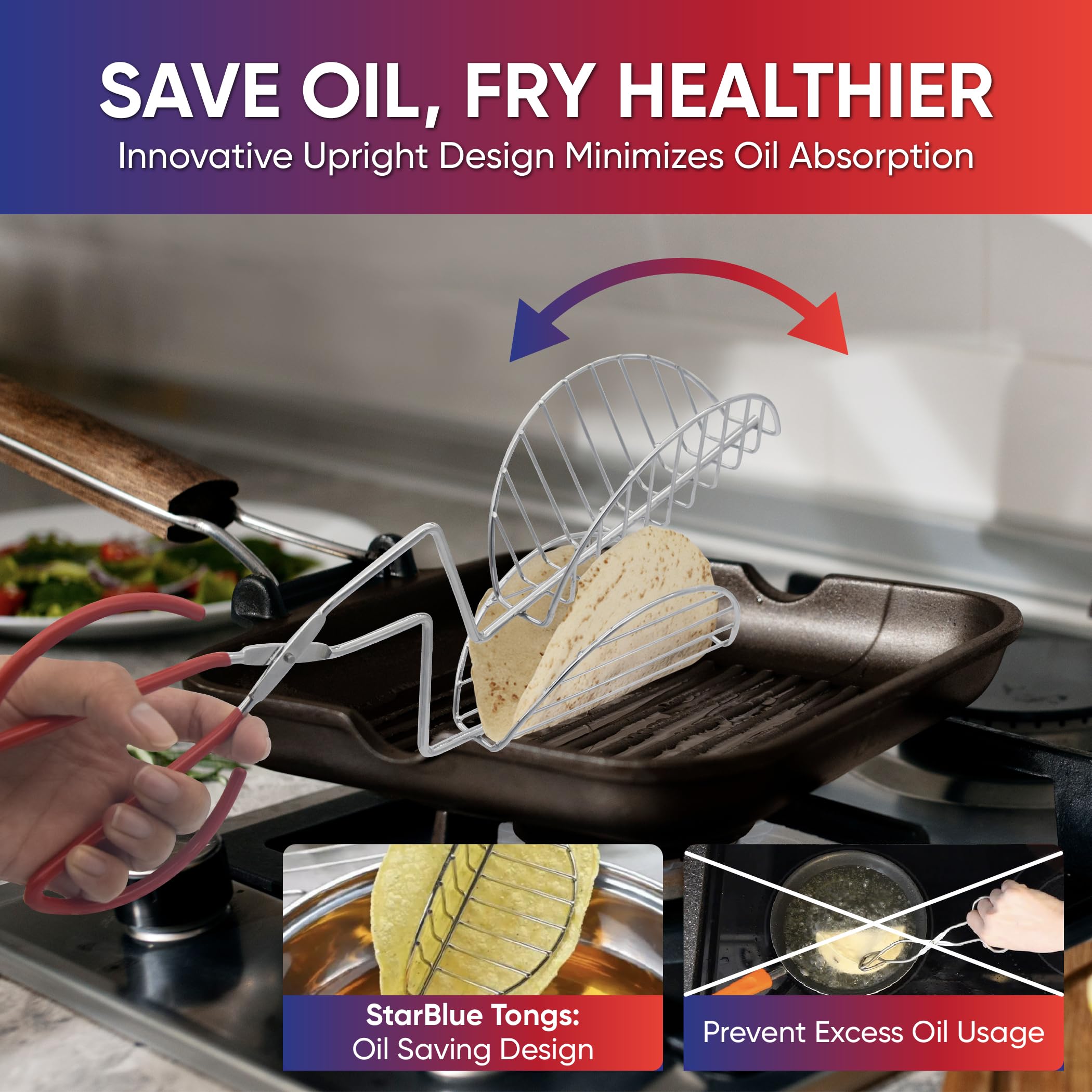StarBlue tongs in upright frying position to minimize oil absorption.