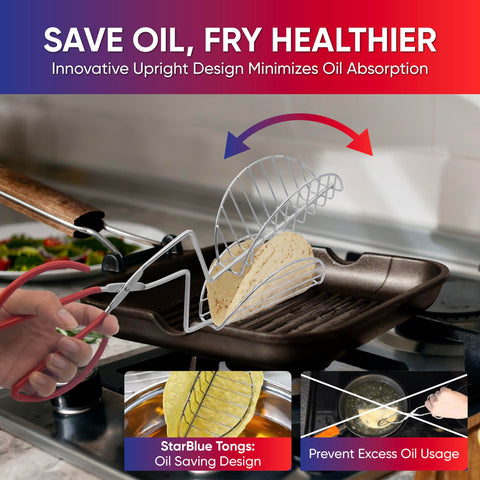 StarBlue tongs in upright frying position to minimize oil absorption.