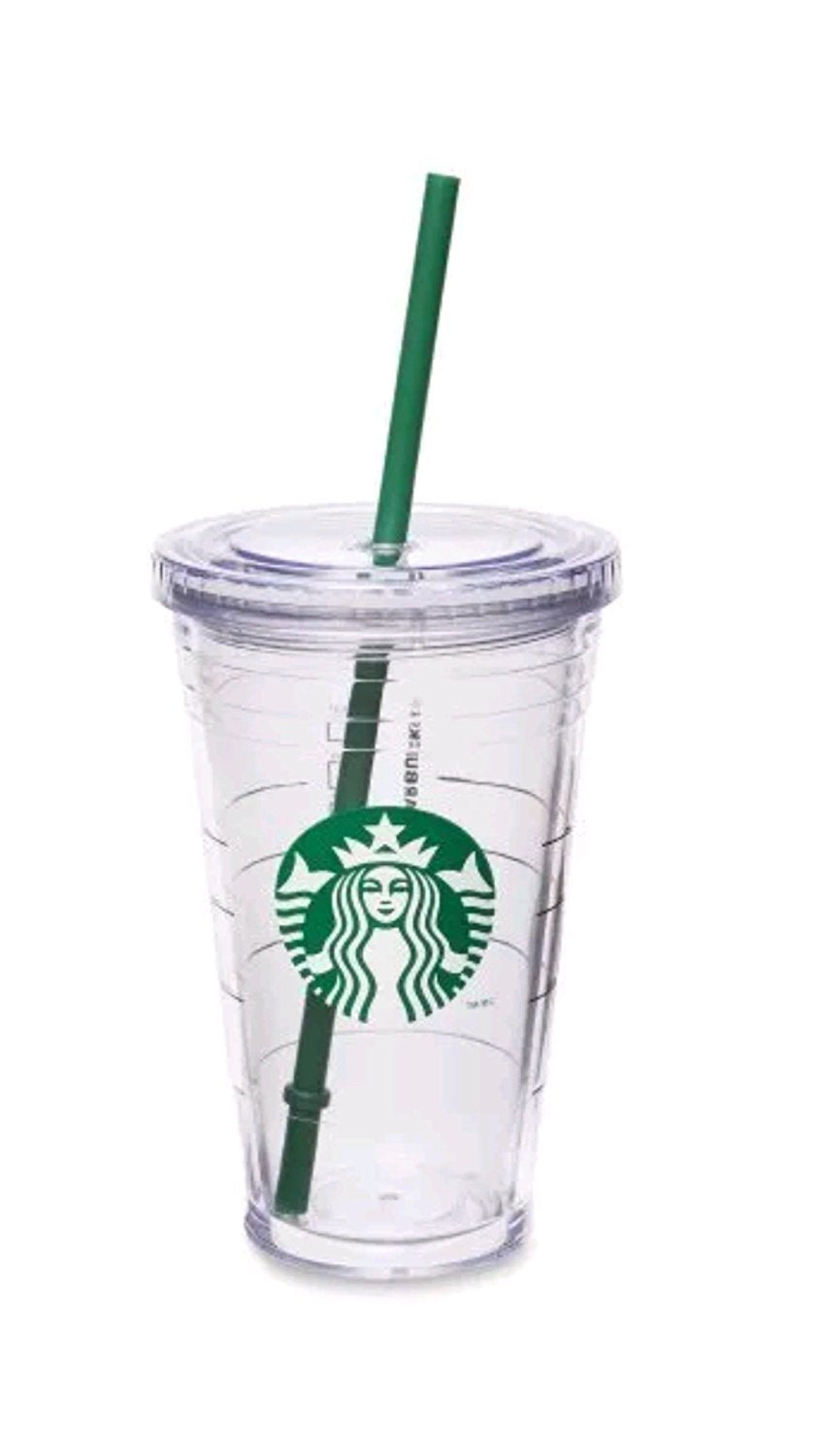 Starbucks 16 oz double-wall acrylic tumbler exterior highlighting clear, durable design.