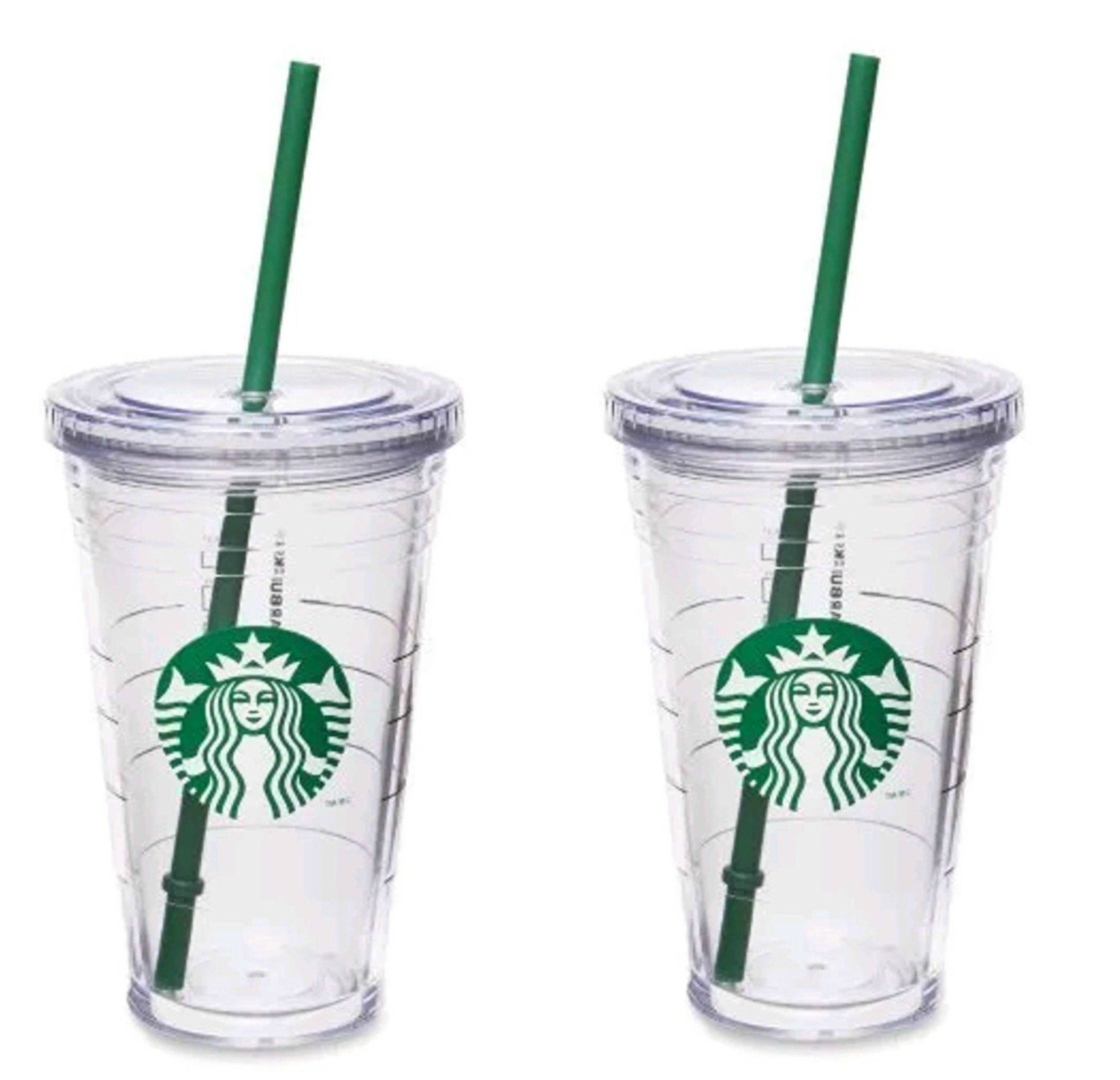 Starbucks grande insulated travel tumbler 2-pack setup with lids and green straws for on-the-go refills.
