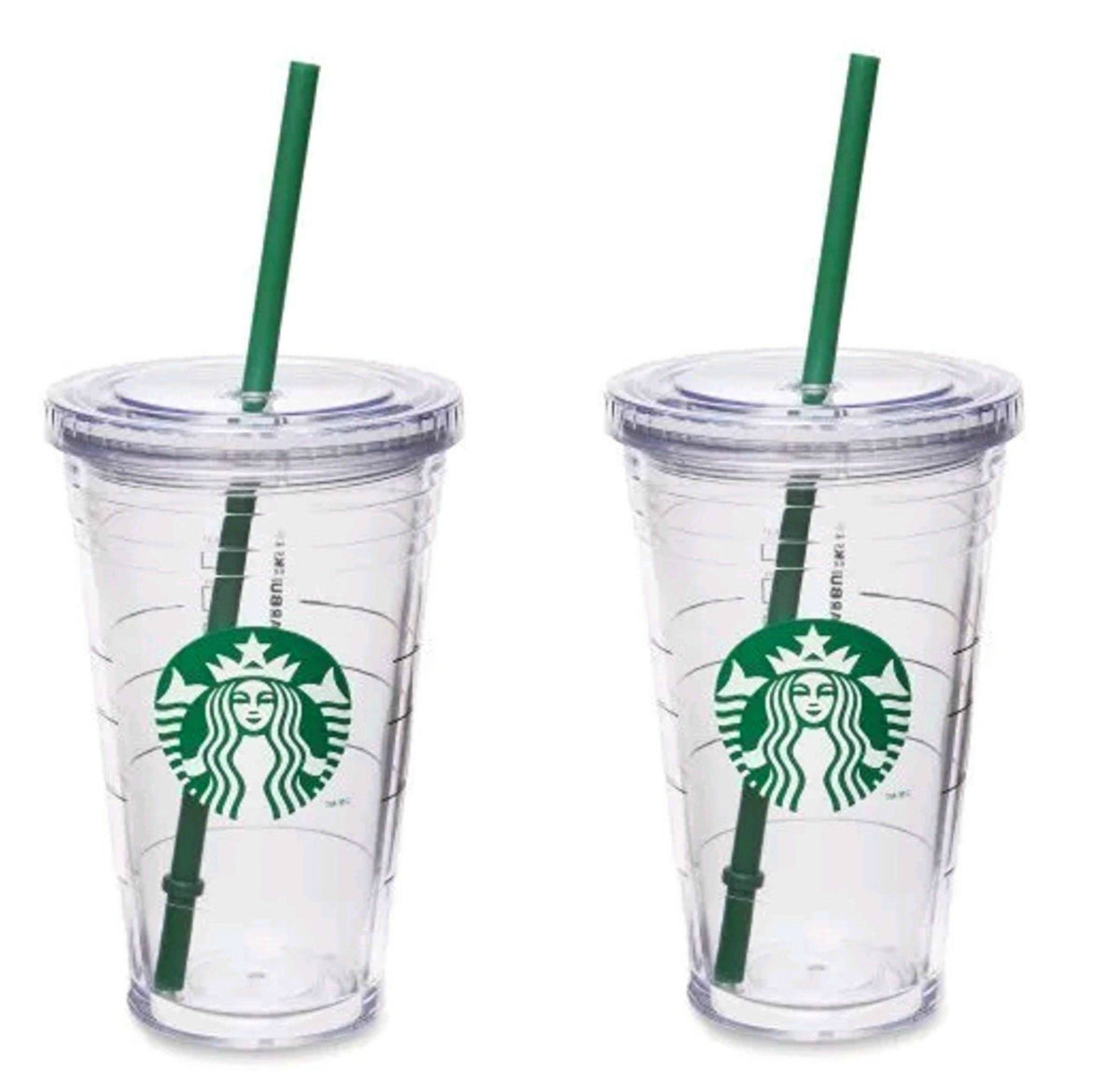 Starbucks grande insulated travel tumbler 2-pack setup with lids and green straws for on-the-go refills.