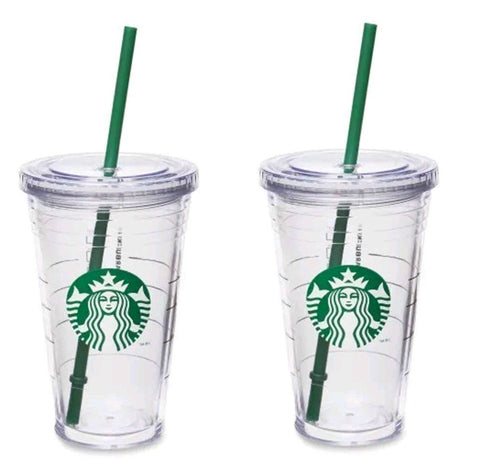 Starbucks grande insulated travel tumbler 2-pack setup with lids and green straws for on-the-go refills.