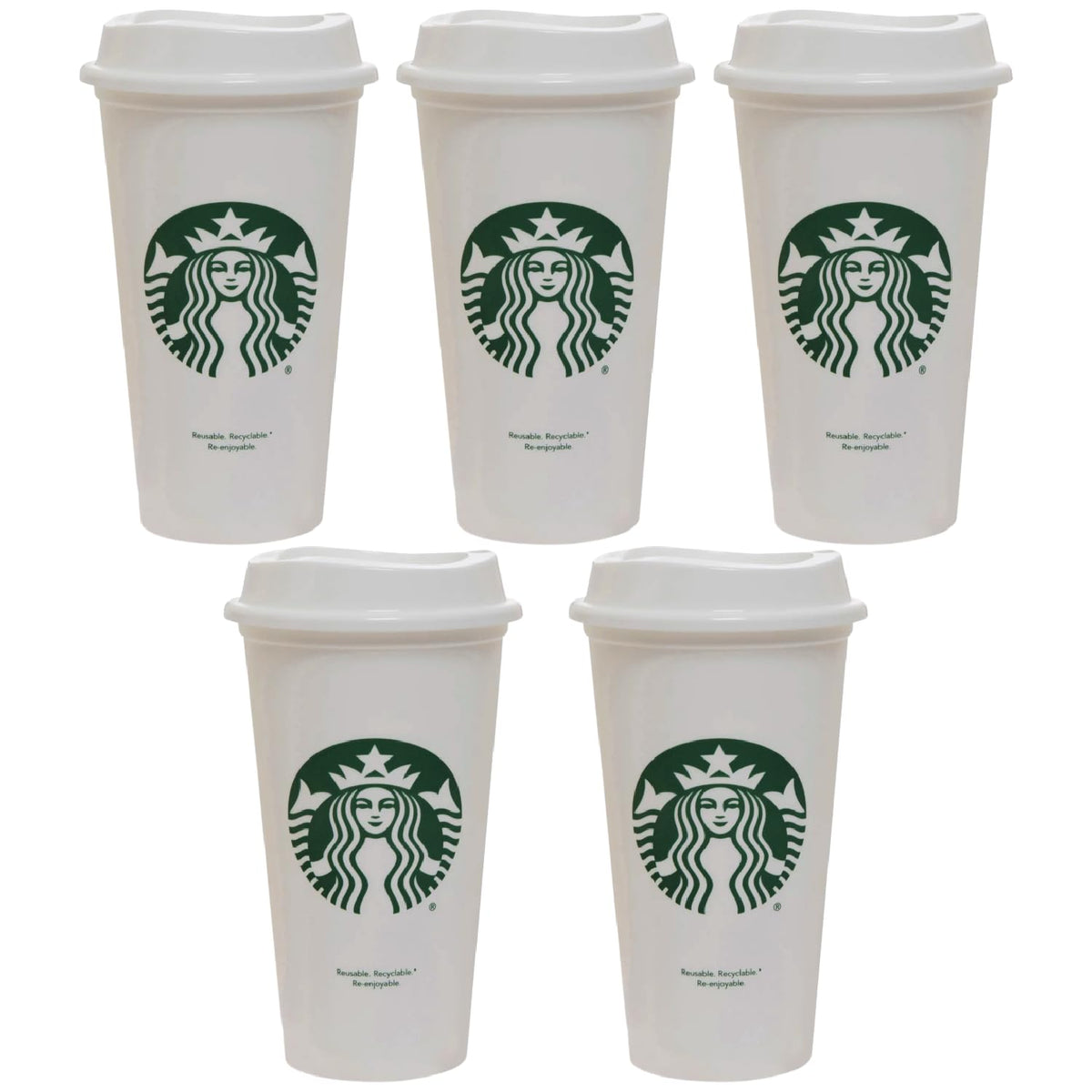 Starbucks five-pack 16oz reusable hot cup with lid for on-the-go coffee.