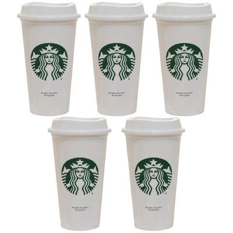 Starbucks five-pack 16oz reusable hot cup with lid for on-the-go coffee.