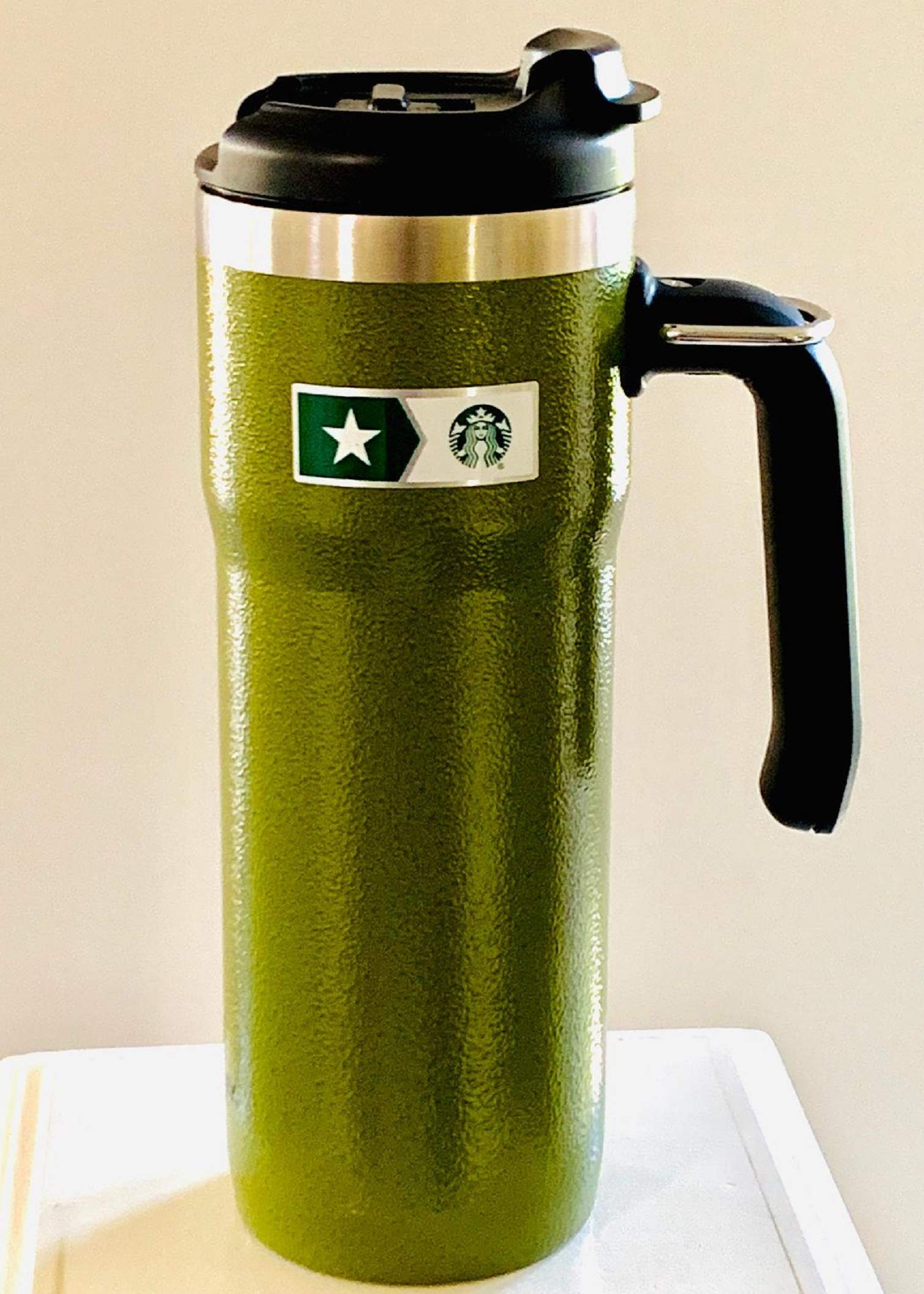 Starbucks x Stanley tumbler front view with hammered finish, ideal for rugged outdoor coffee.