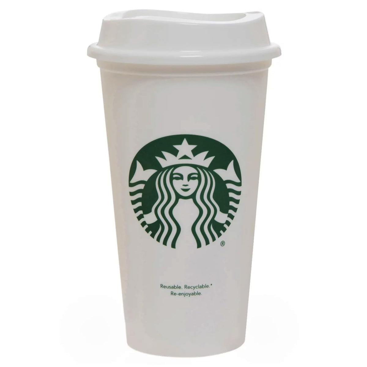 Starbucks white reusable travel mug in full view, highlighting its clean design and premium finish.
