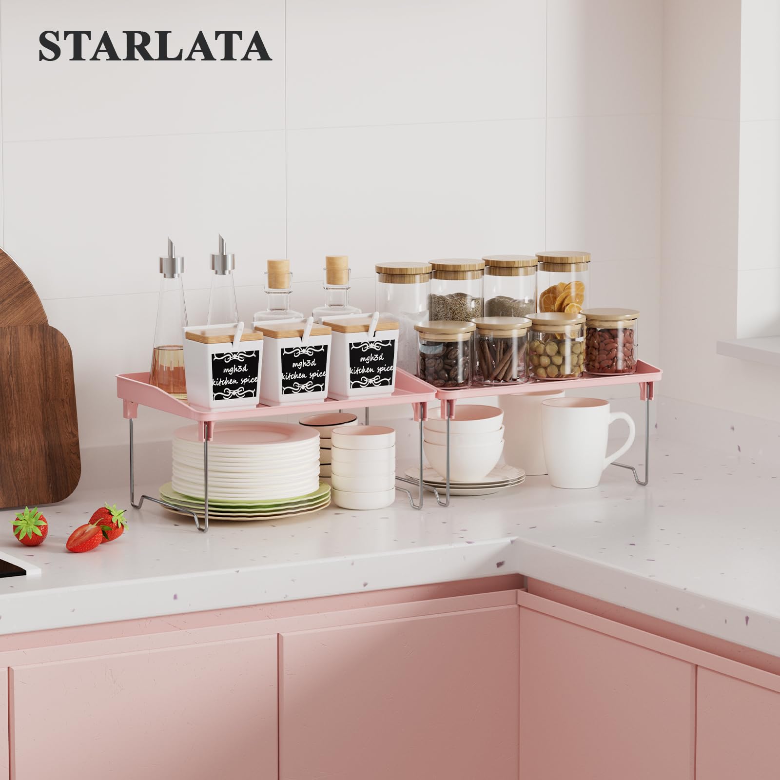 STARLATTA cabinet organizer shelf with dual tiers for vertical stacking