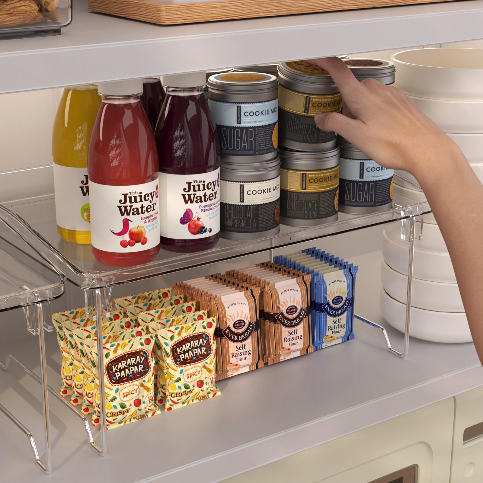 STARLATTA double-layer shelves maximize vertical storage for pantry items.