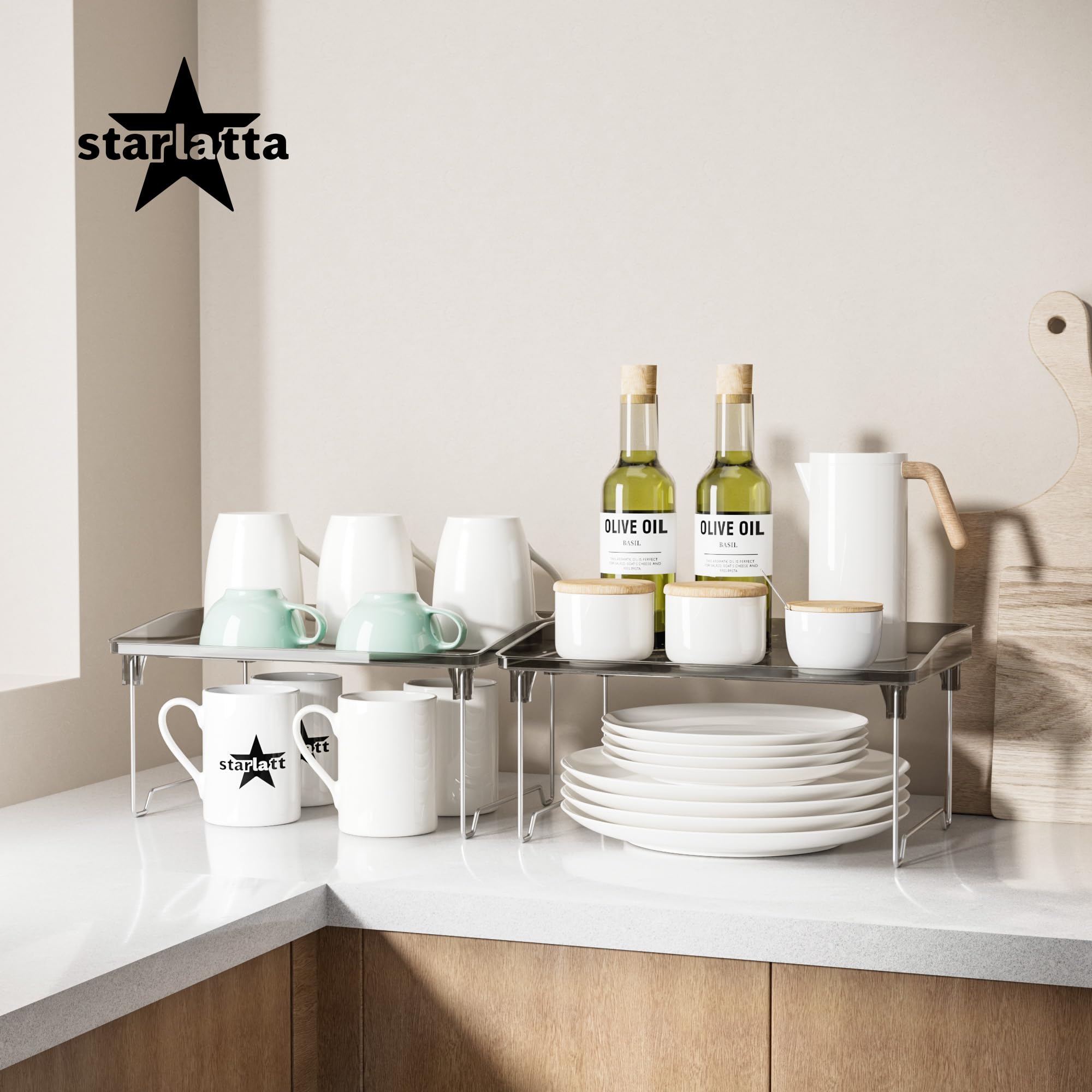 STARLATTA stackable cabinet shelves maximize vertical pantry space.