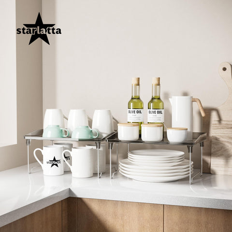 STARLATTA stackable cabinet shelves maximize vertical pantry space.