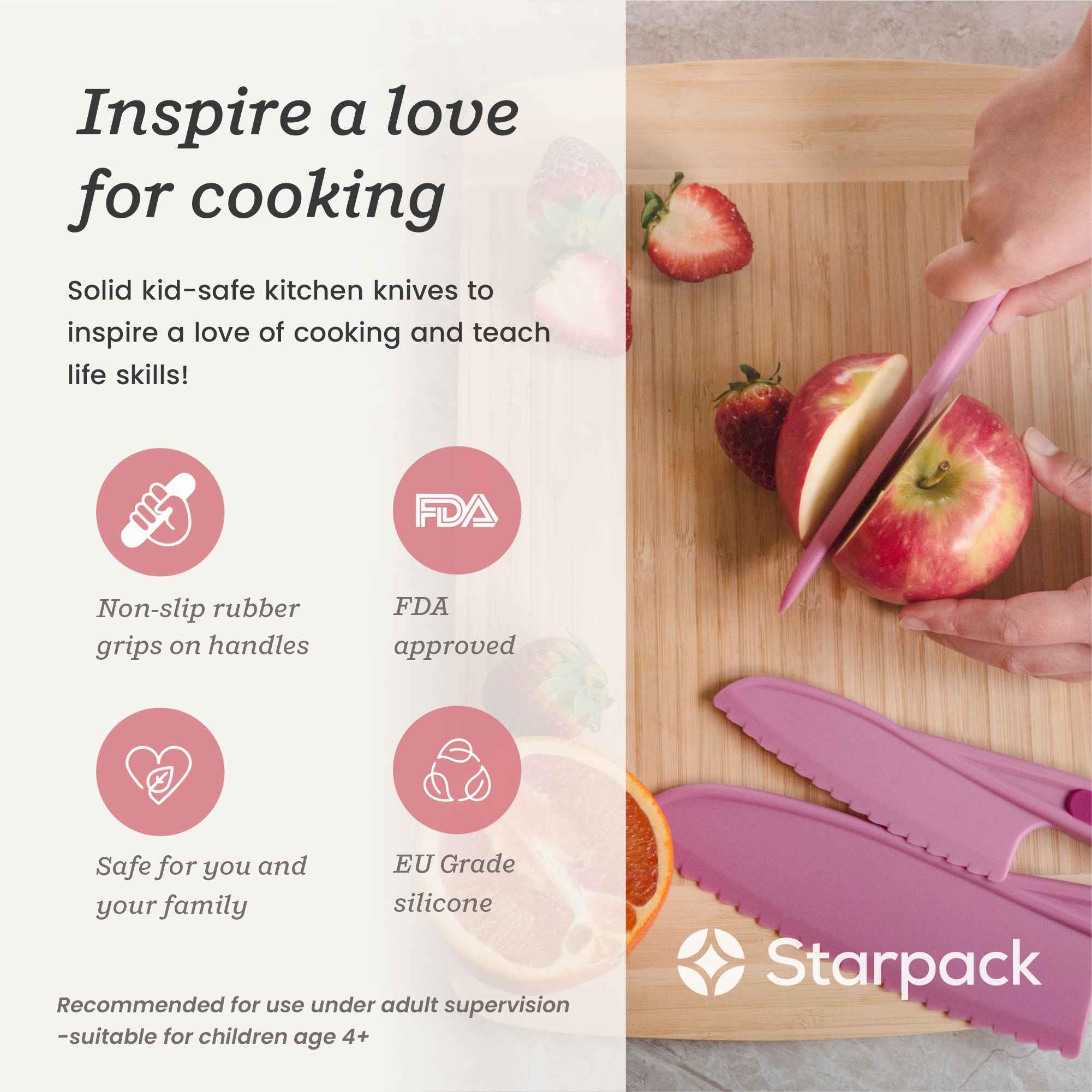 StarPack Home Finger Loving kid in action safely cutting fruit for prep.