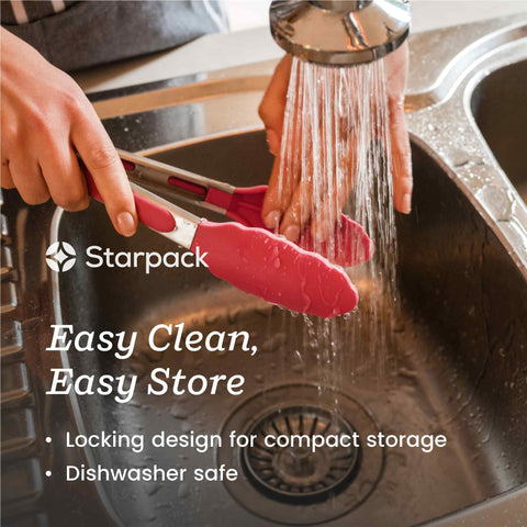 StarPack Home Get a Grip 9-inch tongs in use on grill for secure flipping.